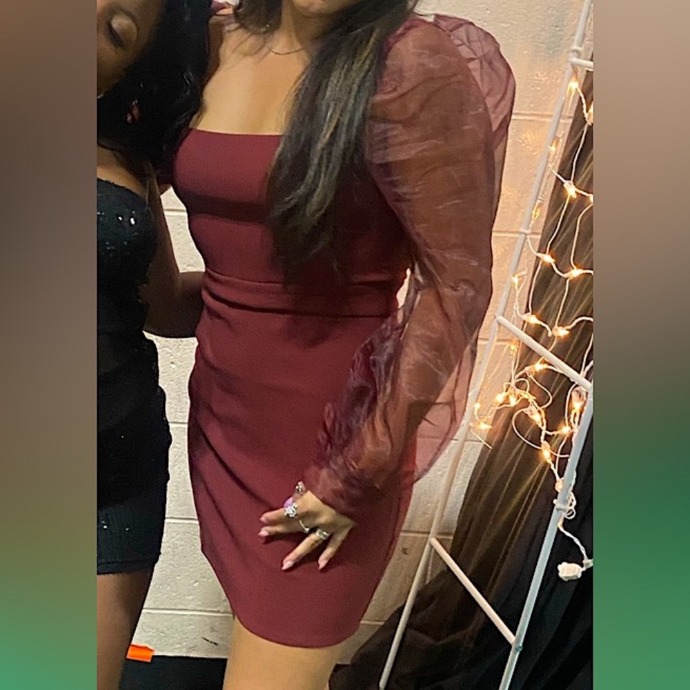 Maroon sheer long sleeve body con dress